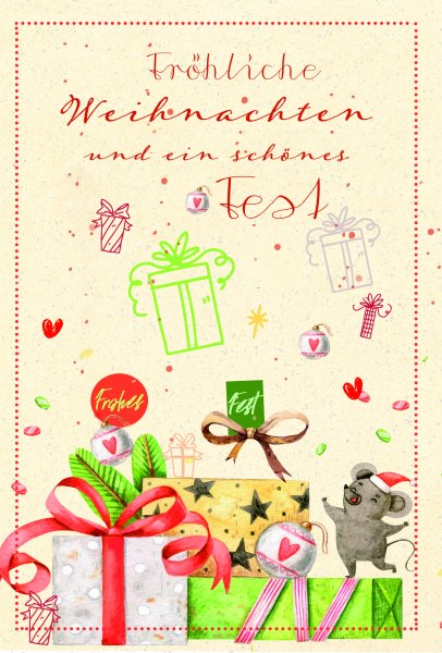 Weihnachten - Zuckerrohrpapier - Glückwunschkarte im Format 11,5 x 17 cm mit Umschlag - Maus auf Geschenkeberg - Skorpion