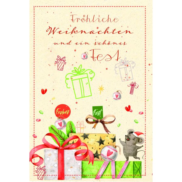 Weihnachten Zuckerrohrpapier Glückwunschkarte mit Umschlag Maus auf Geschenkeberg