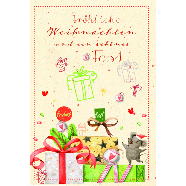 Weihnachten Zuckerrohrpapier Glückwunschkarte mit Umschlag Maus auf Geschenkeberg