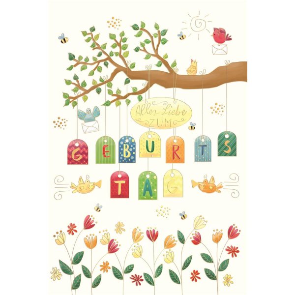 Geburtstag Skorpions Art - Glückwunschkarte im Format 11,5 x 17 cm mit Umschlag - Vögel, Ast, Blumen - mit Goldfolie