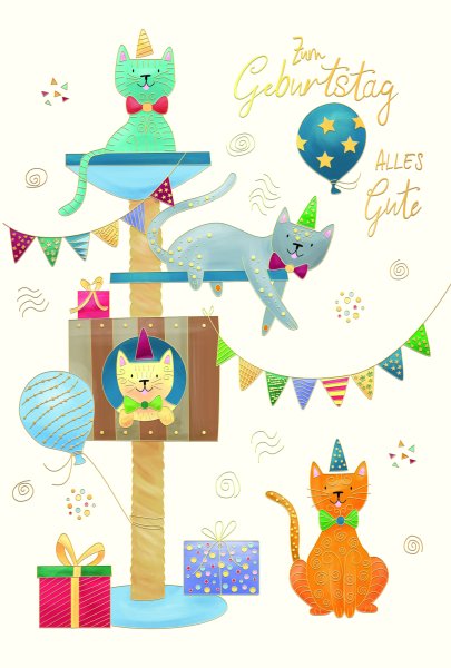 Geburtstag Skorpions Art - Glückwunschkarte im Format 11,5 x 17 cm mit Umschlag - Katzen, Kratzbaum, Wimpelketten - mit Goldfolie