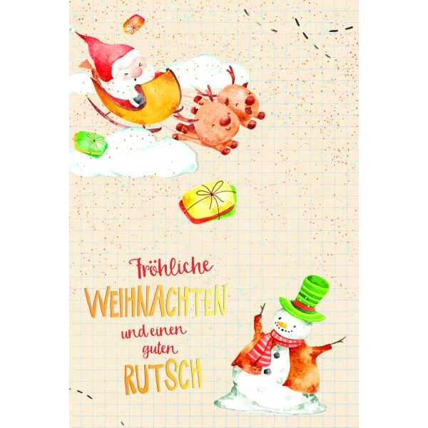 Weihnachten Zuckerrohrpapier Glückwunschkarte mit Umschlag Weihnachtsmann im Rentierschlitten, Schneemann mit Goldfolie