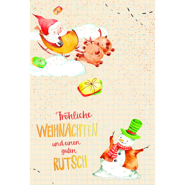 Weihnachten Zuckerrohrpapier Glückwunschkarte mit Umschlag Weihnachtsmann im Rentierschlitten, Schneemann mit Goldfolie