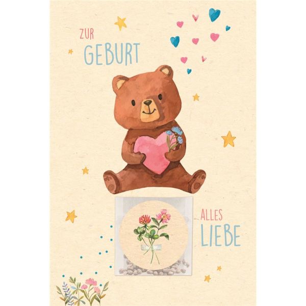 Geburt Baby Freudiges Ereignis Gieß mich Karte mit Umschlag Teddybär, Samentütchen mit Aufkleber