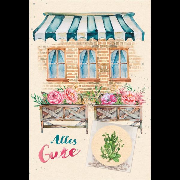 Allgemeine Wünsche Gieß mich Karte mit Umschlag Blumen, Hauswand, Blumenkasten, Samentütchen mit Aufkleber