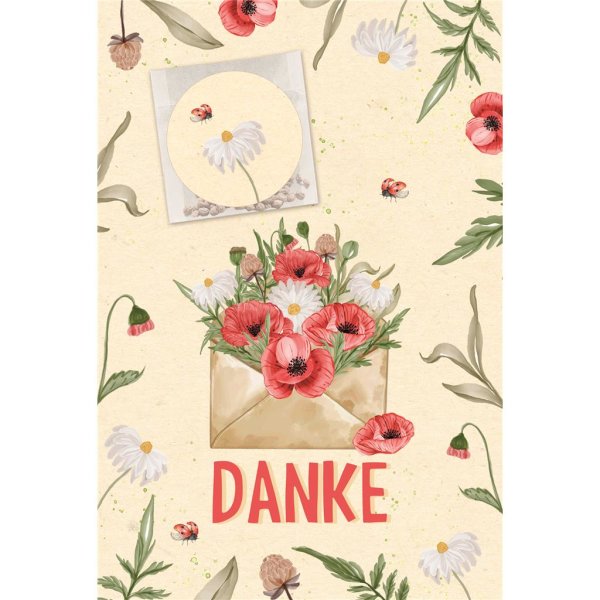 Danke - Zuckerrohrpapier - Glückwunschkarte im Format 11,5 x 17 cm mit Umschlag - Blumen, Samentütchen mit Aufkleber
