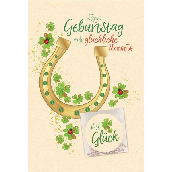 Geburtstag Gieß mich Karte mit Umschlag Hufeisen, Kleeblatt, Marienkäfer