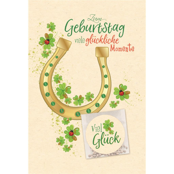 Geburtstag Gieß mich Karte mit Umschlag Hufeisen, Kleeblatt, Marienkäfer