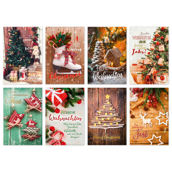 Weihnachtskarten 100 Grußkarten mit Umschlag sortiert Bundle-UVP € 150,00 Hochformatig Tannenbaum Schlittschuh Holzmotive