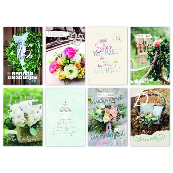 100 Silberhochzeitskarten mit Umschlägen Sortiment Silberhochzeit 8 Dekore UVP pro Karte € 1,50 Bundle