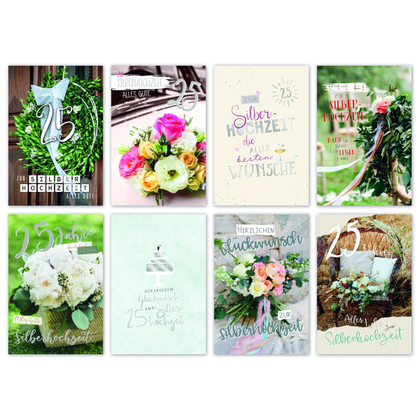 100 Silberhochzeitskarten mit Umschlägen Sortiment Silberhochzeit 8 Dekore UVP pro Karte € 1,50 Bundle