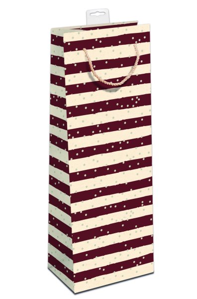 Geschenktasche – Flasche - 12 x 39 x 10 cm - roter Streifen und helle Punkte - mit Baumwollkordel, Namenskarte - Skorpion