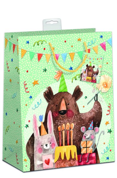 Kindergeburtstag - Geschenktasche – Jumbo - 33 x 45 cm - Hase, Bär, Maus, Torte - mit Kordel, Namenskarte - Skorpion