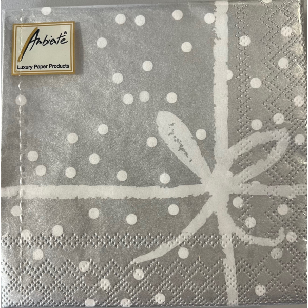 Cocktail Servietten 25 x 25 cm 3-lagig 20 Servietten Wrapping Silver Siler mit weißer Schleife