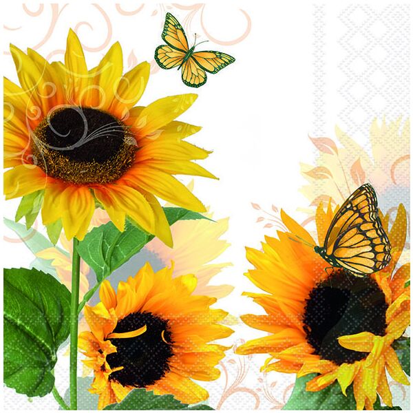Servietten 33x33 cm 3-lagig, 20 Servietten, Sunny Butterfly Sonnenblumen Schmetterlinge