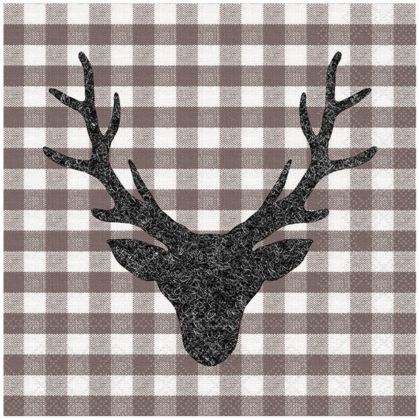 Servietten Lunch 33x33 cm 3-lagig 20 Servietten Stag Head Brown Hirschgeweih braun weiß kariert