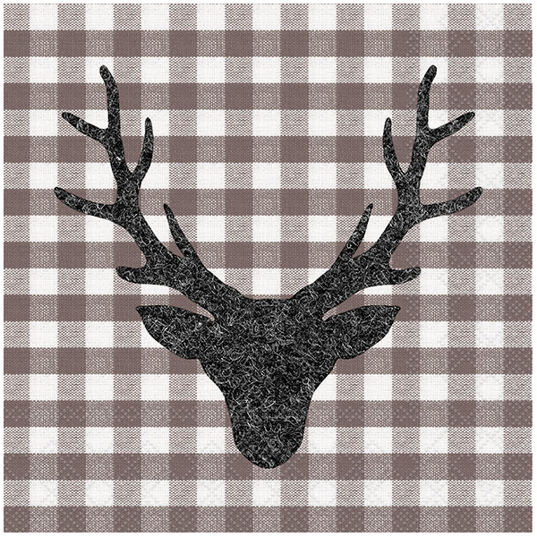 Servietten Lunch 33x33 cm 3-lagig 20 Servietten Stag Head Brown Hirschgeweih braun weiß kariert