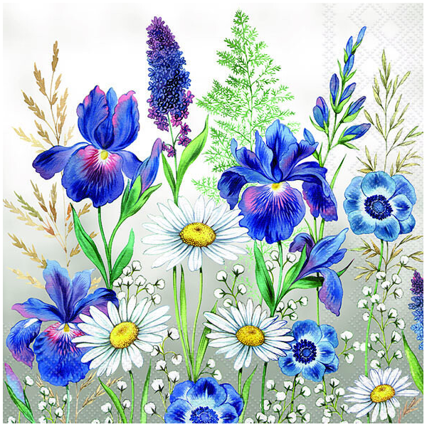 Servietten Lunch Mixed Meadow Flowers Wildblumen blau lila 33x33cm 20 Servietten