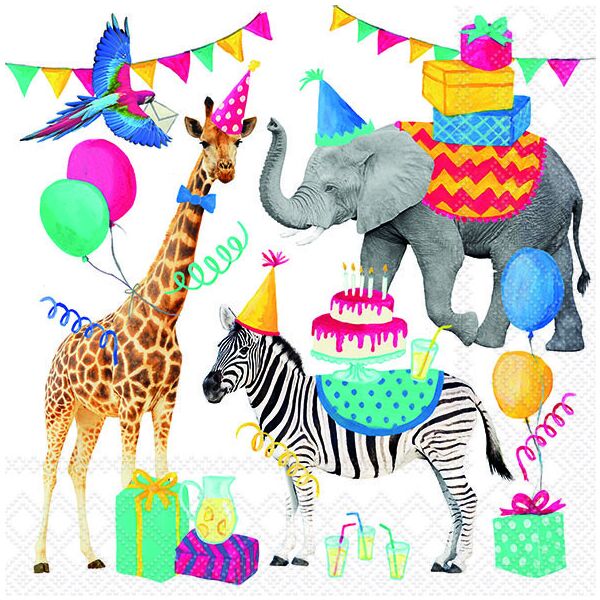 Servietten Lunch Tiere feiern Geburtstag weiß 33x33cm 20 Serveitten