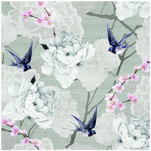 A Servietten Lunch orientalische Blumen grau weiß Oriental Flowers Grey