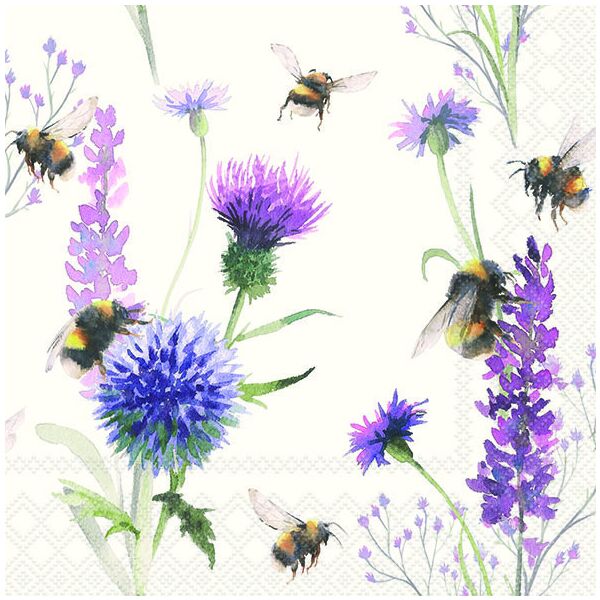 Servietten Lunch Hummeln auf lila Blumen 33x33cm 20 Servietten