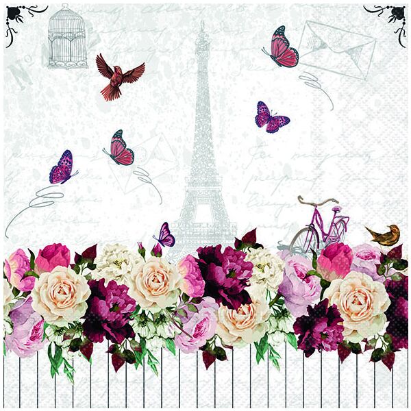 Servietten Lunch Eiffelturm Aussicht mit Blumen und Schmetterlingen Romantic Paris romantisch 33x33cm 20 Servietten 3-lagig