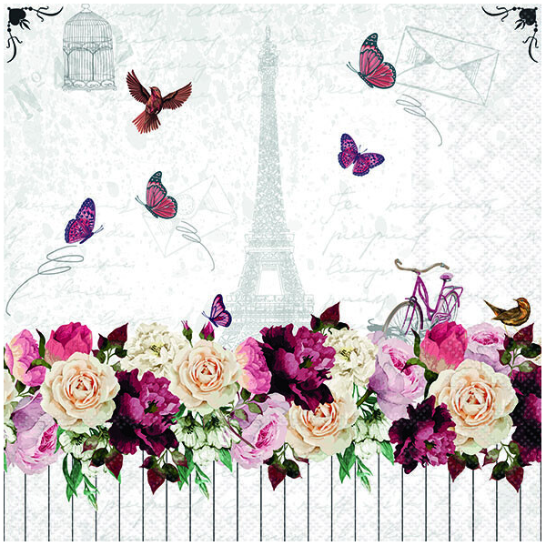 Servietten Lunch Eiffelturm Aussicht mit Blumen und Schmetterlingen Romantic Paris romantisch 33x33cm 20 Servietten 3-lagig