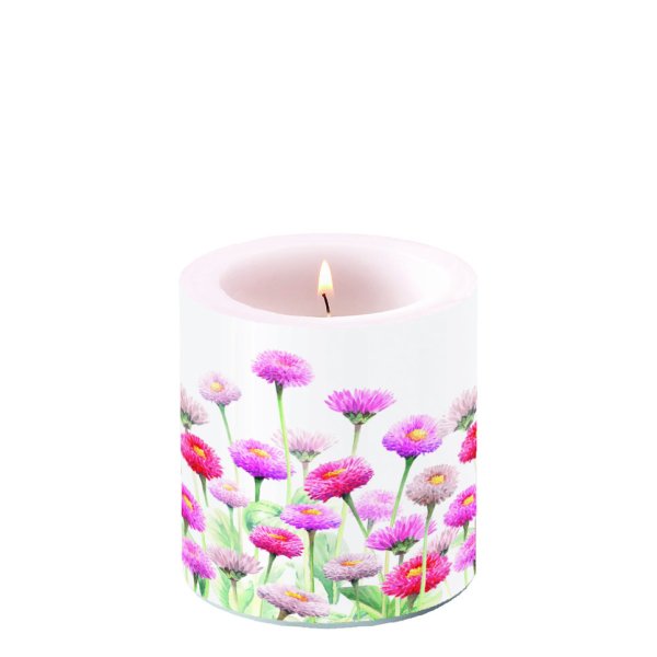 Kerze klein – Candle small – Format: Ø 7,5 cm x 9 cm – Brenndauer: 35 Std. - 1 Kerze pro Packung - Painted Bellis - Farbpunkte