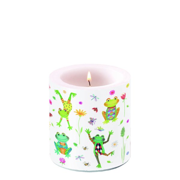 Kerze klein – Candle small – Format: Ø 7,5 cm x 9 cm – Brenndauer: 35 Std. - 1 Kerze pro Packung - Happy Frogs – fröhliche Frösche