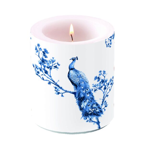 Kerze medium Ø 10 cm x 10 cm Brenndauer 45 Std. Royal Peacock Fasan blau-weißer royaler Pfau