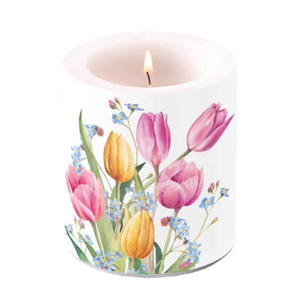 Kerze medium – Candle medium – Format: Ø 10 cm x 10 cm – Brenndauer: 45 Std. - 1 Kerze pro Packung - Tulips bouquet – Tulpenstrauss