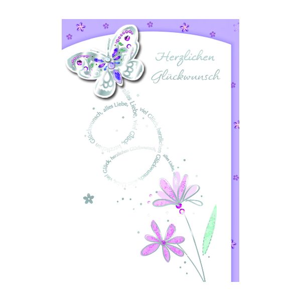 Allgemeine Wünsche - Glückwunschkarte im Format 11,5 x 17cm mit Briefumschlag - Herzlichen Glückwunsch - Blumen und Schmetterlinge