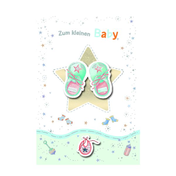 Geburt – Baby – Freudiges Ereignis - Glückwunschkarte im Format 11,5 x 17cm mit Briefumschlag - Zum kleinen Baby - Babyschuhe