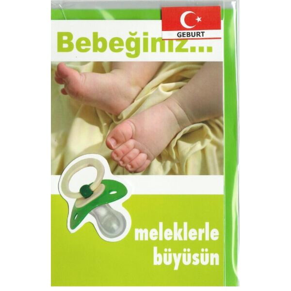 Bebeginiz meleklerle büyüsün Glückwunschkarte mit Umschlag zur Geburt Füße und Schnuller