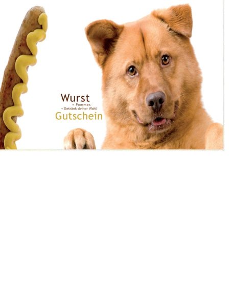 Gutschein  - Postkarten – Format: 11,5 cm x 17,5 cm - Nice Moments – Wurst + Pommes+Getränk deiner Wahl Gutschein – Hund und Würstchen