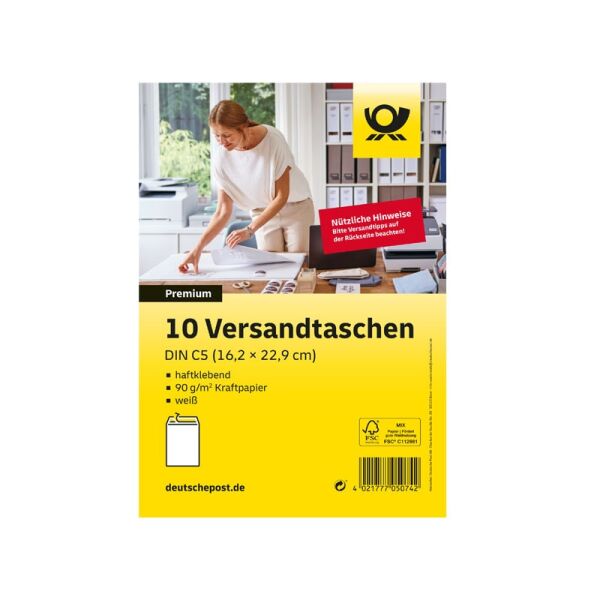 10 Versandtaschen C5 - ohne Fenster - weiß - haftklebend