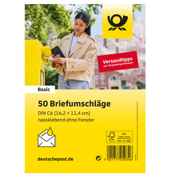50 Umschläge C6 weiß - nassklebend - ohne Fenster