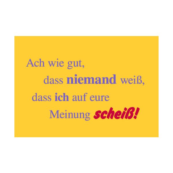 Allgemeine Wünsche - Sprüche - unARTig - Postkarte im Format 15 x 10 cm - "Ach wie gut, dass niemand weiß, dass ich auf eure Meinung scheiß!"