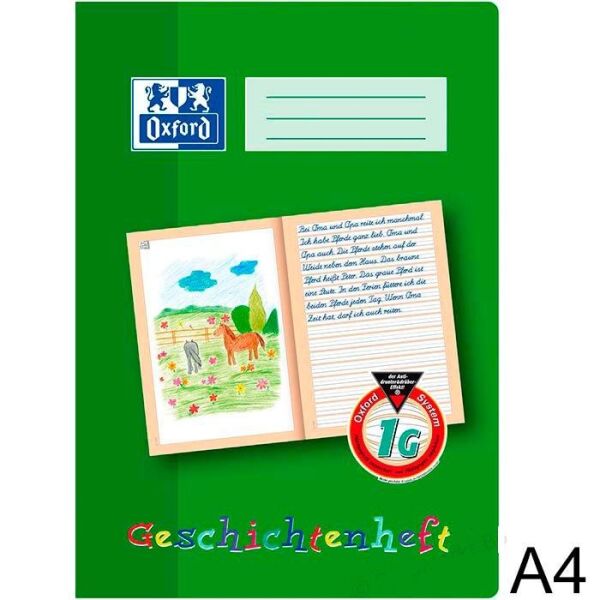 Geschichtenheft, Din A4 hoch, grün,  liniert , Lineatur 1G, 16 Blatt Oxford