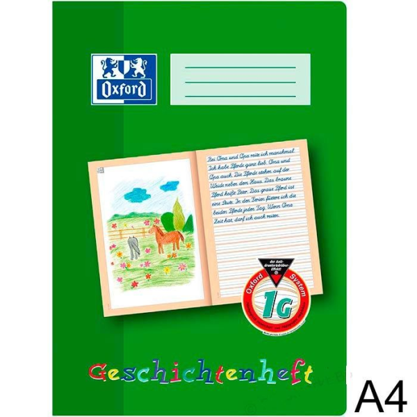 Geschichtenheft, Din A4 hoch, grün,  liniert , Lineatur 1G, 16 Blatt Oxford