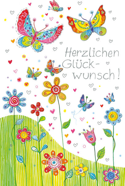 Allgemeine Wünsche - 4 Styles - Glückwunschkarte im Format 11,5 x 17 cm mit Umschlag – Herzlichen Glückwunsch – Blumen und Schmetterlinge – BSB