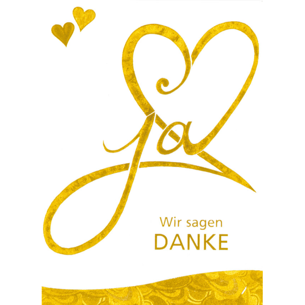 Hochzeit Vermählung  Danksagung 5 Karten 5 Umschläge im Beutel Gold Herz Ja Danke