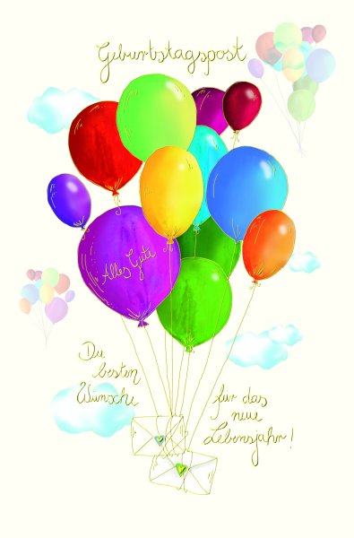 Geburtstag - Glückwunschkarte im Format 11,5 x 17 cm mit Umschlag - Briefe mit Luftballons steigen in den Himmel - mit Goldfolie - Skorpion