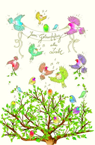 Geburtstag Skorpions Art - Glückwunschkarte im Format 11,5 x 17 cm mit Umschlag - Vögel singen auf Baum - mit Goldfolie