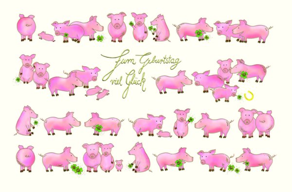 Geburtstag - Glückwunschkarte im Format 11,5 x 17 cm mit Umschlag - Schweine mit Kleeblättern - mit Goldfolie - Skorpion