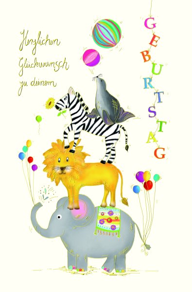 Geburtstag - Glückwunschkarte im Format 11,5 x 17 cm mit Umschlag - Elefant, Löwe, Zebra, Robbe bilden eine Räuberleiter - mit Goldfolie - Skorpion