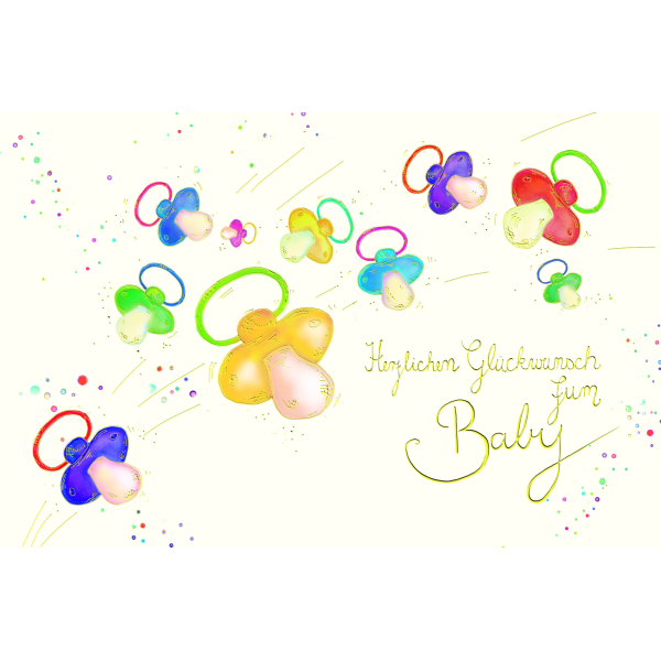 Geburt Baby Freudiges Ereignis Skorpions Art Glückwunschkarte mit Umschlag Viele verschiedenfarbige Schnuller mit Goldfolie