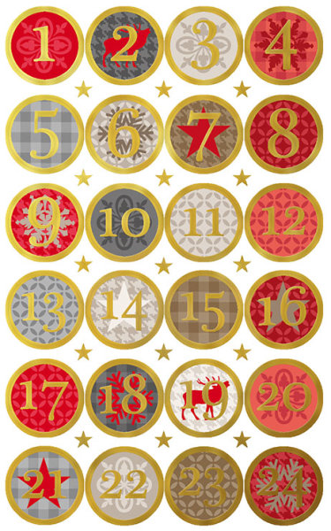 Sticker - 7,8x12,5 cm - Weihnachten - Goldprägung Zahlen 1-24