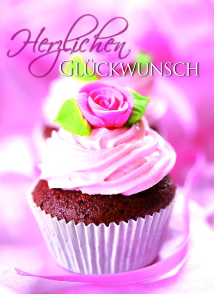 Allgemeine Wünsche - Klammerkarte – Mini-Karten - Glückwunschkarte im Format 5,5 x 7,5 cm mit Umschlag - Muffin mit rosa Rose