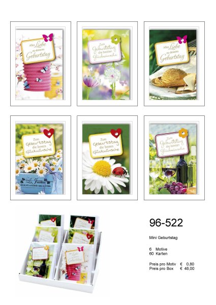 Sortiment Geburtstag „Mini“ - 60 Minikarten mit Applikation - 10,5 x 7 cm - mit Briefumschlag - UVP/Karte: € 1,95 - Gesamt-UVP: € 117,00